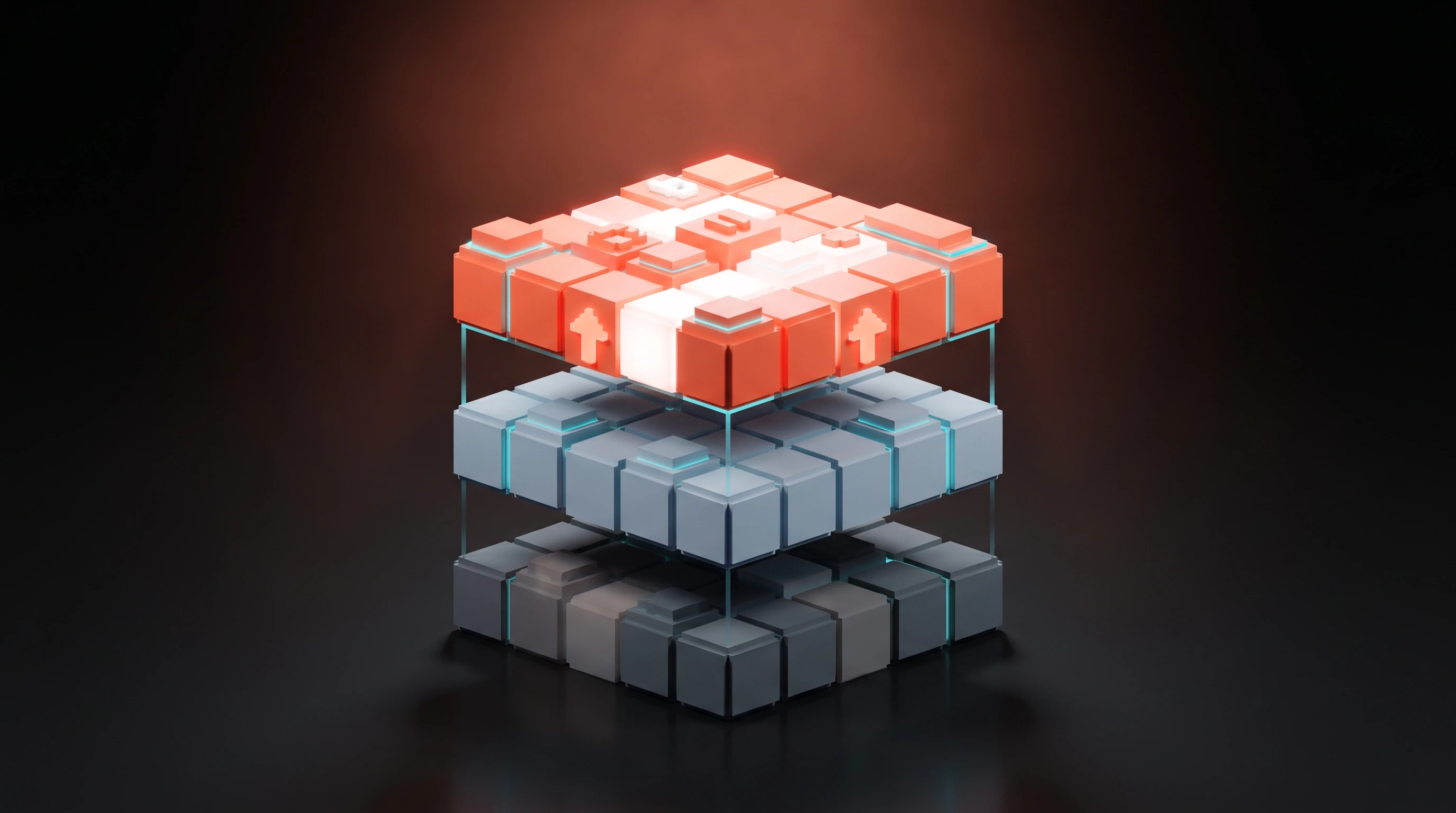 The verdict as three voxel tiers: a bright coral top tier of features usable now, a cooler slate middle tier that works with cleanup, and a dim bottom tier that is not ready yet.