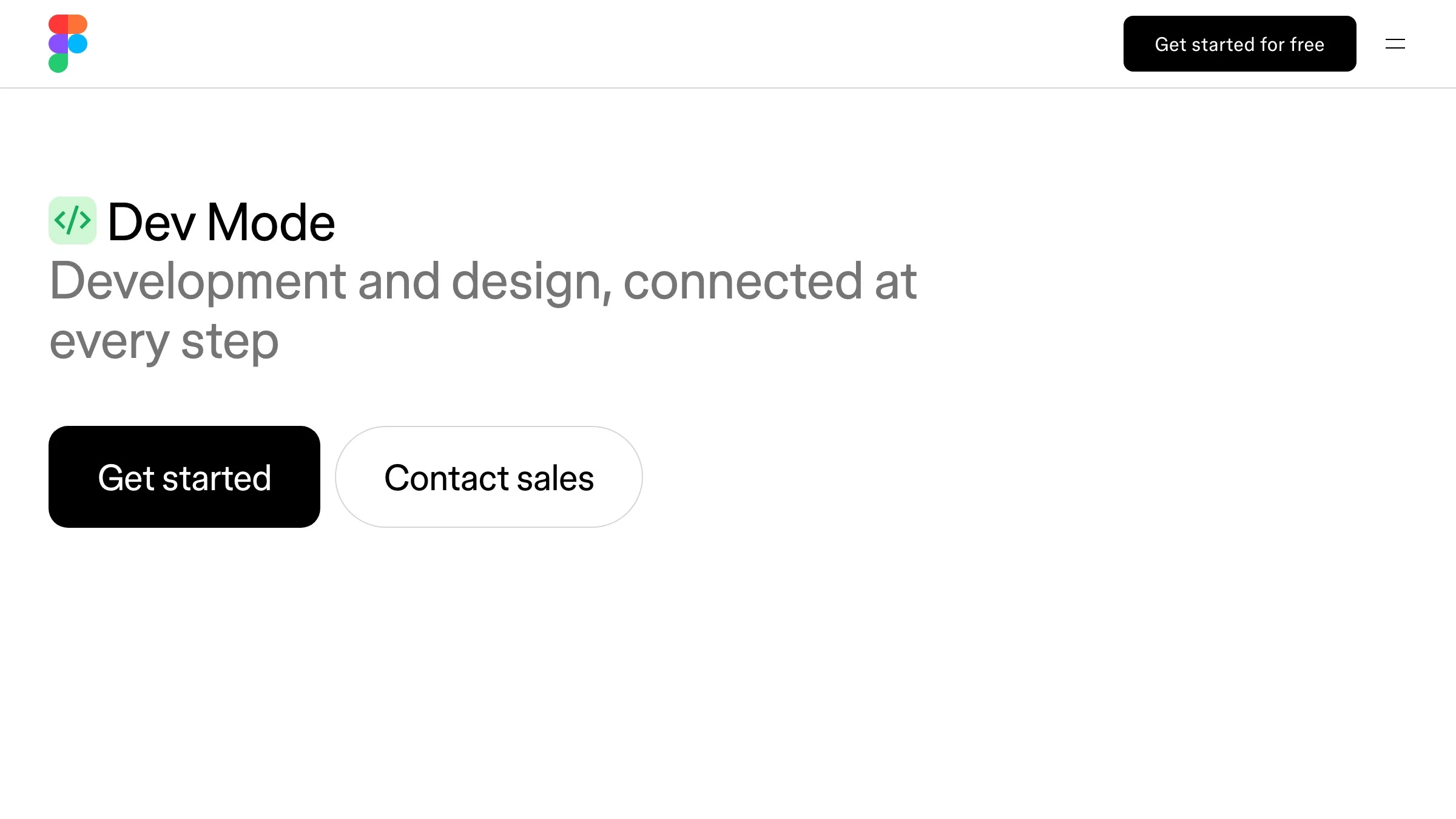 Figma Dev Mode marketing page, "development and design, connected at every step," Figma itself making the coded component the binding target.