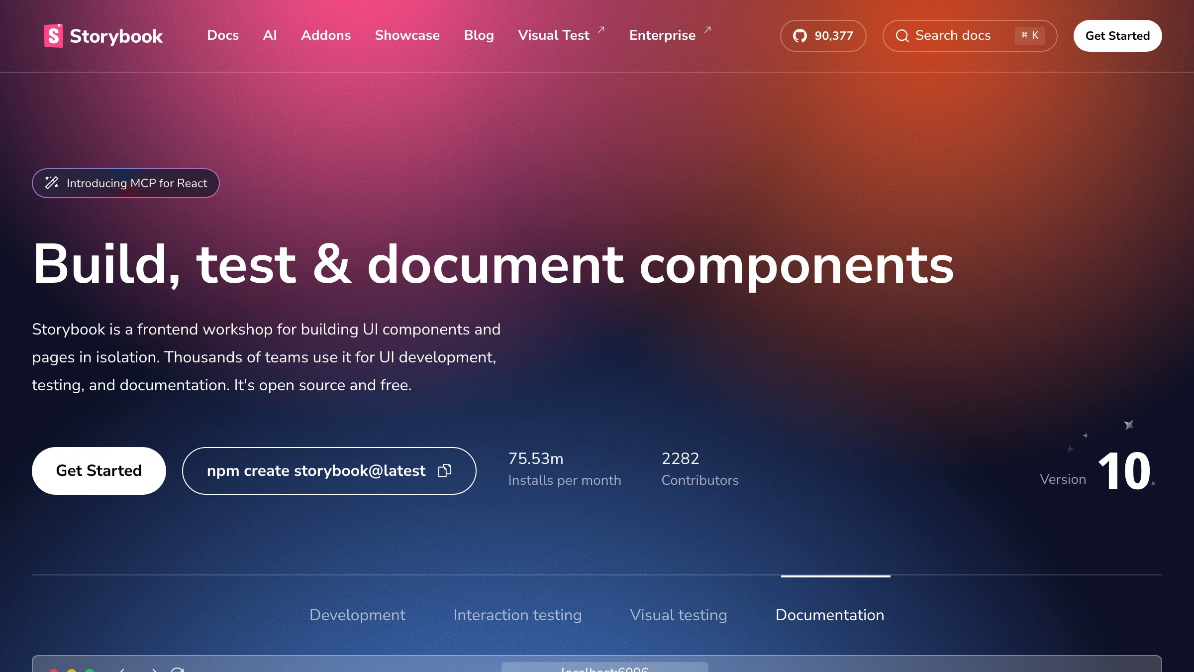 Storybook's marketing page, "build, test and document components," the living home where a coded component becomes something a team can see and trust.