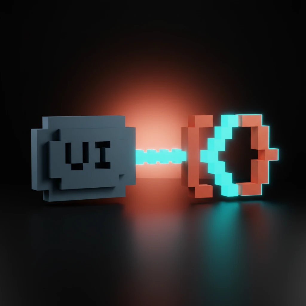 Voxel of Code Connect binding: a slate UI card joined by a glowing cyan cable to a coral code-bracket block, the coded component lit as the primary, canonical side.
