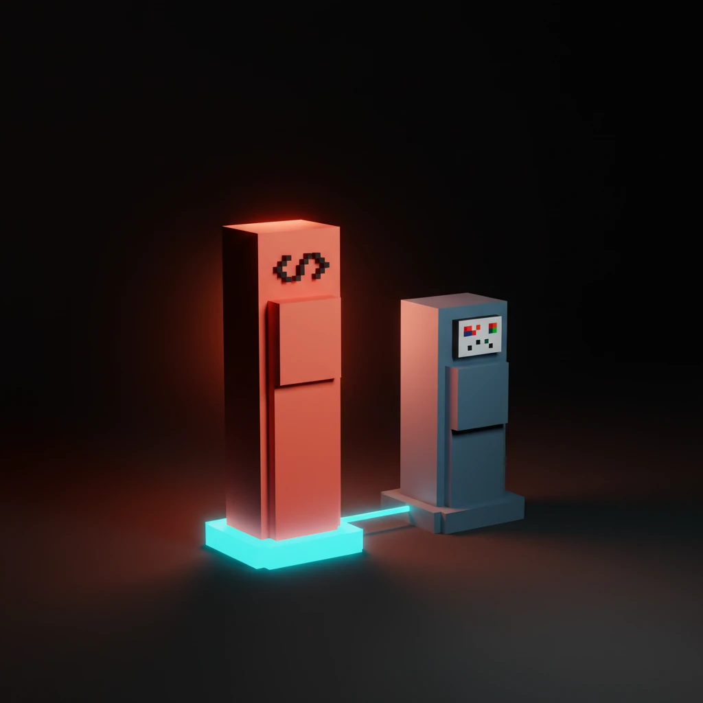 Voxel hierarchy: a tall glowing coral code-repository pillar on a cyan-lit base as the single source of truth, beside a shorter dim slate Figma artboard pillar that now serves as documentation.
