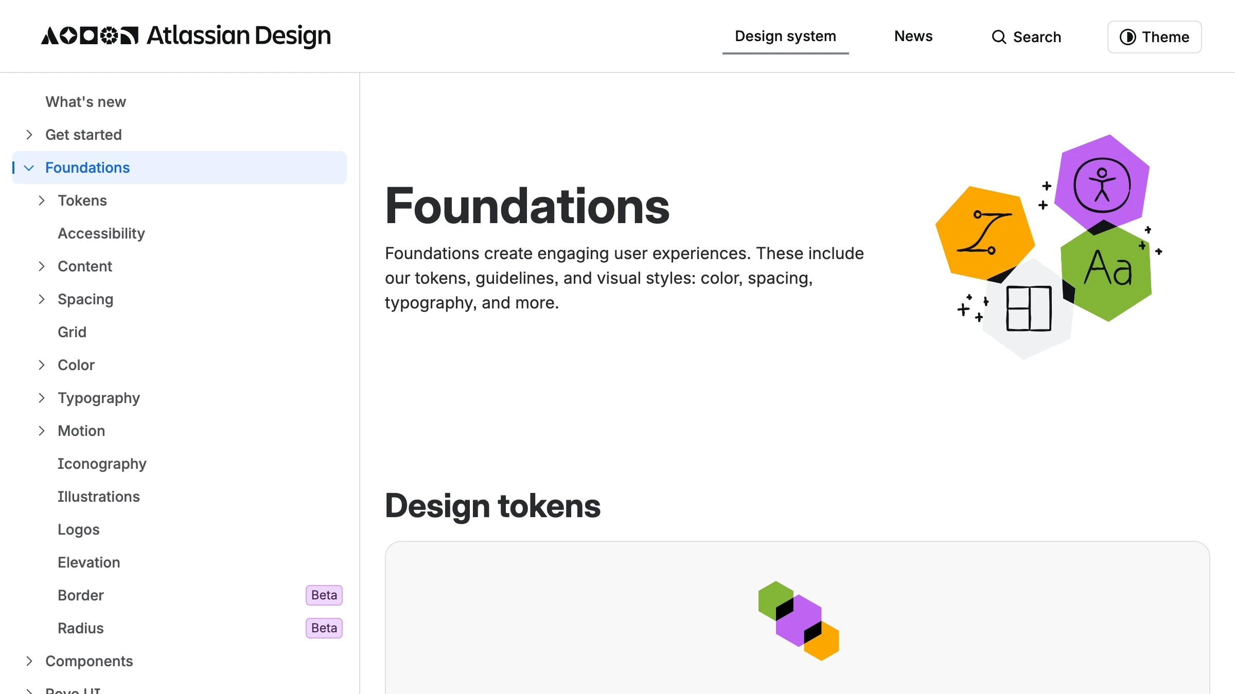 Atlassian design foundations page showing token structure and component documentation as a real system reference.