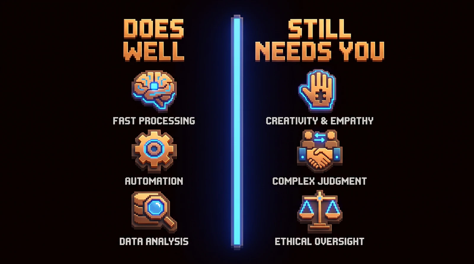 Voxel split showing Make automated output on one side and human judgment requirements on the other.