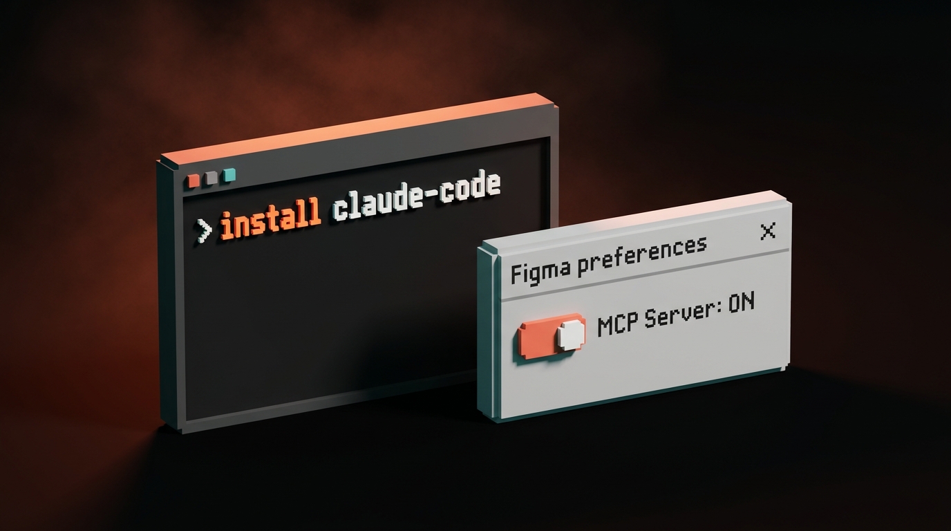 A terminal window showing the Claude Code install command alongside a Figma preferences panel with "Enable local MCP server" toggled on
