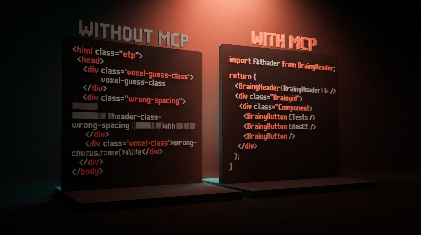 A before/after code comparison: on the left, code generated from a screenshot with wrong spacing and invented class names; on the right, code generated via MCP with correct tokens and real component calls