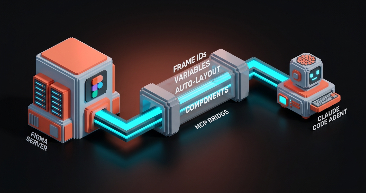 A labeled diagram showing the MCP architecture with Figma on one side, the protocol in the middle, and Claude Code on the other, with data flows labeled: frame IDs, variables, auto-layout, components