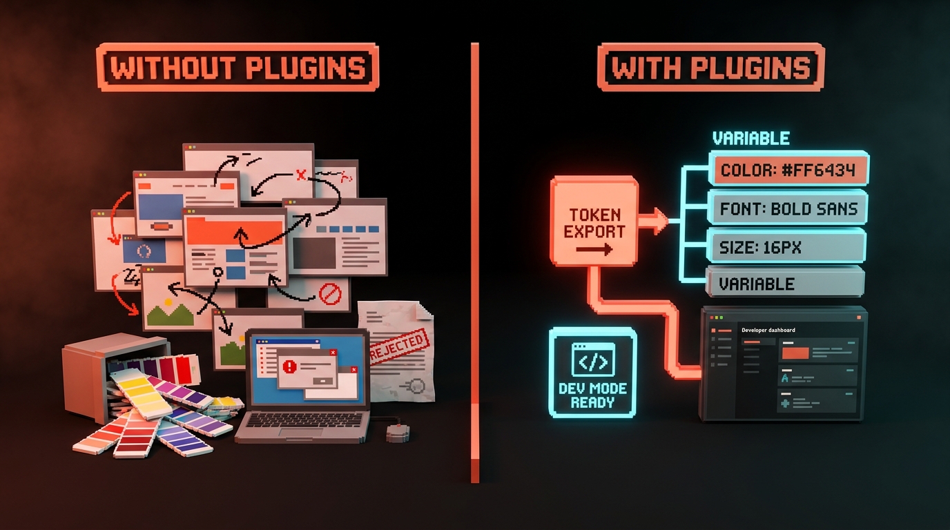 A split visual comparing a messy handoff file without plugins versus a clean handoff with variables, real tokens, and Dev Mode annotations