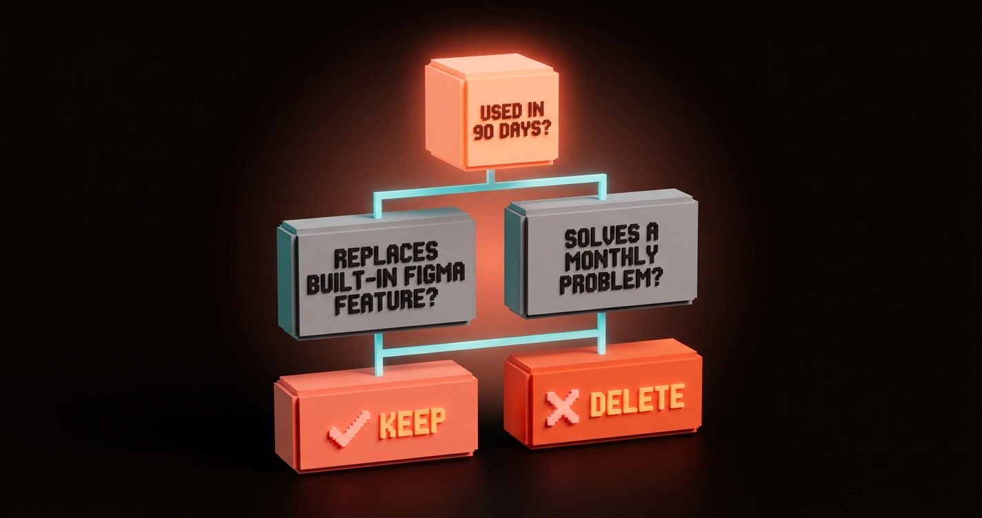 A decision tree schematic for auditing a Figma plugin, with keep or delete branches