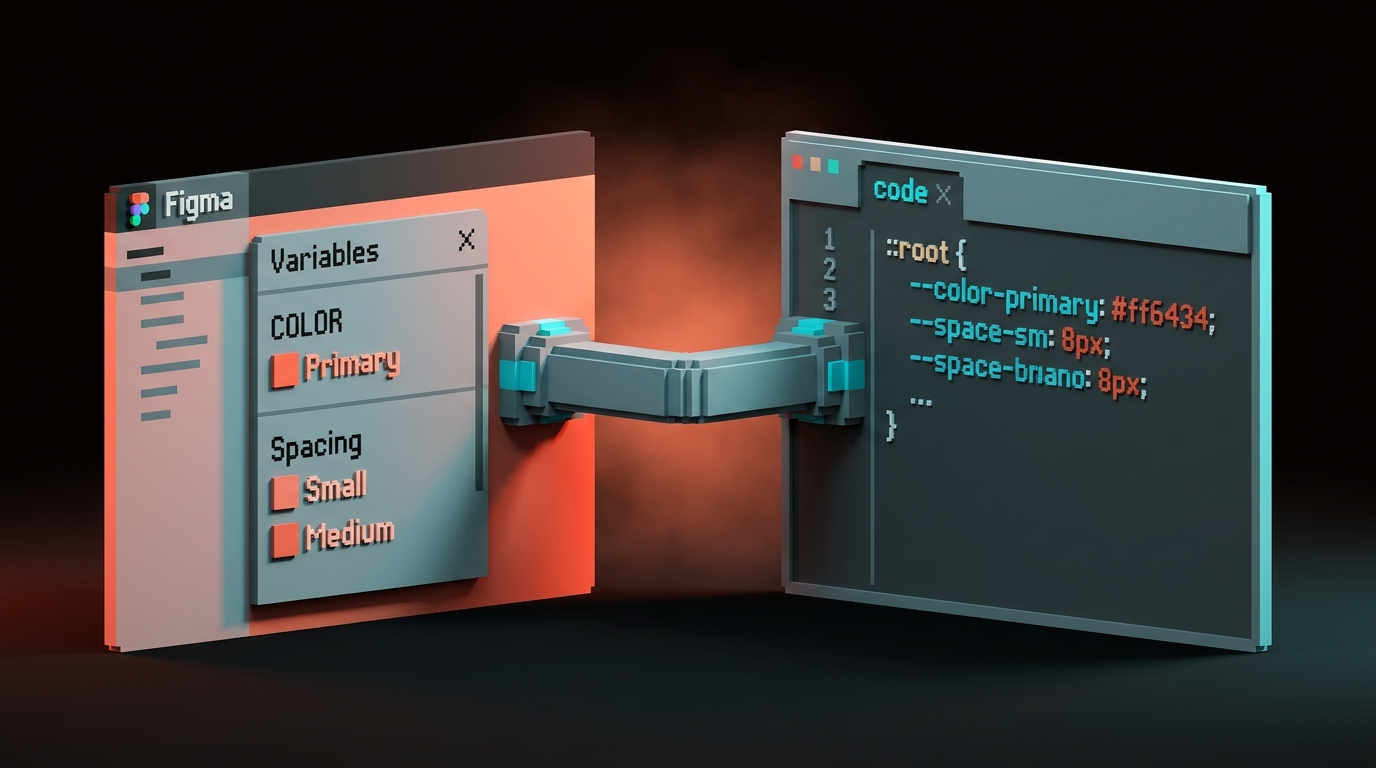 A split visual showing design tokens defined in Figma and flowing through a plugin into a code-side tokens file