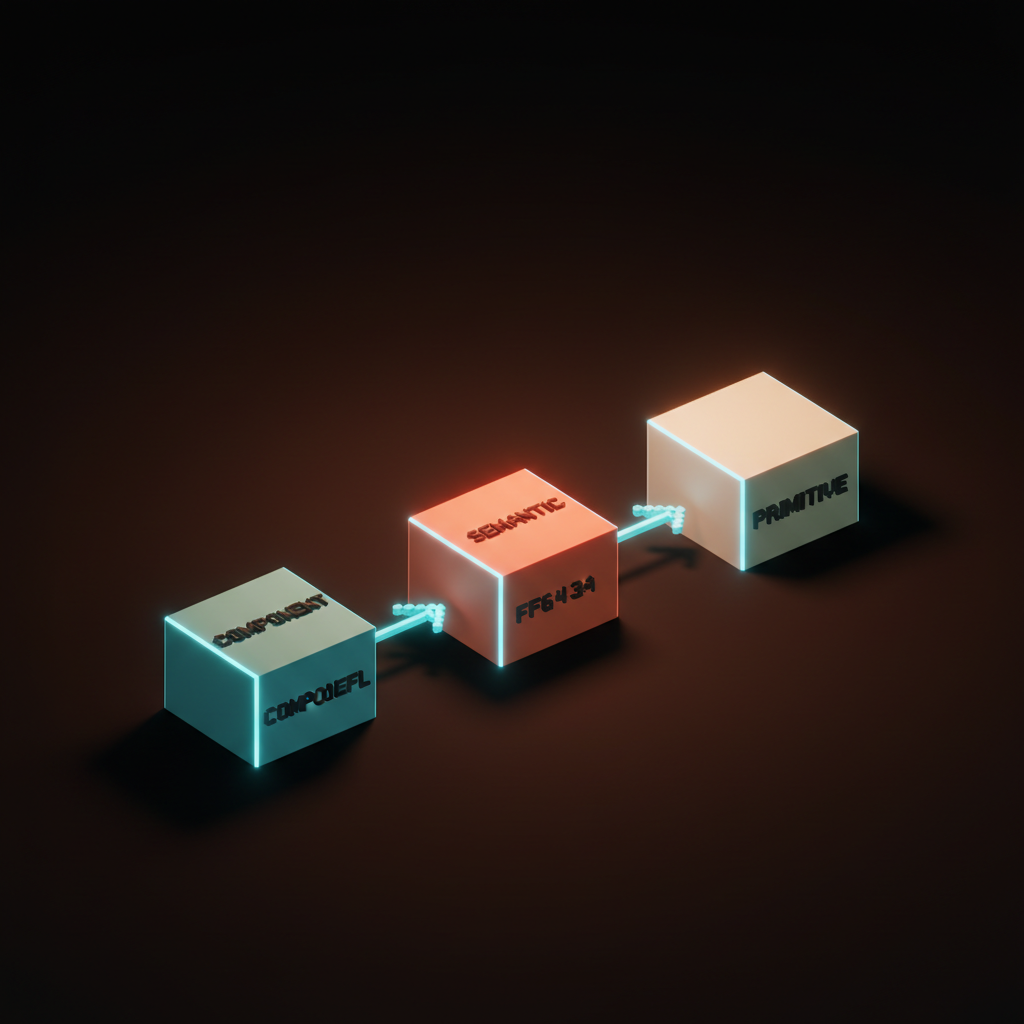Voxel concept showing a three-layer alias chain: a component token pointing to a semantic token pointing to a primitive value, illustrating how theme switching propagates without touching component tokens
