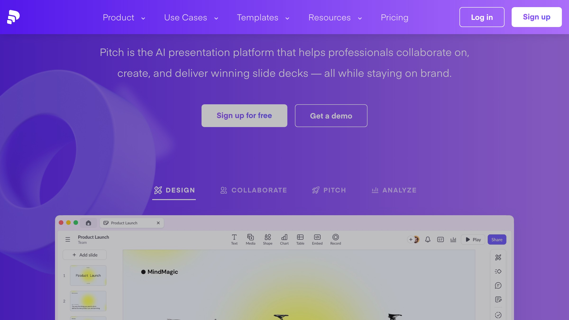Pitch's polished SaaS landing with clear CTA placement, social proof row, and feature presentation.