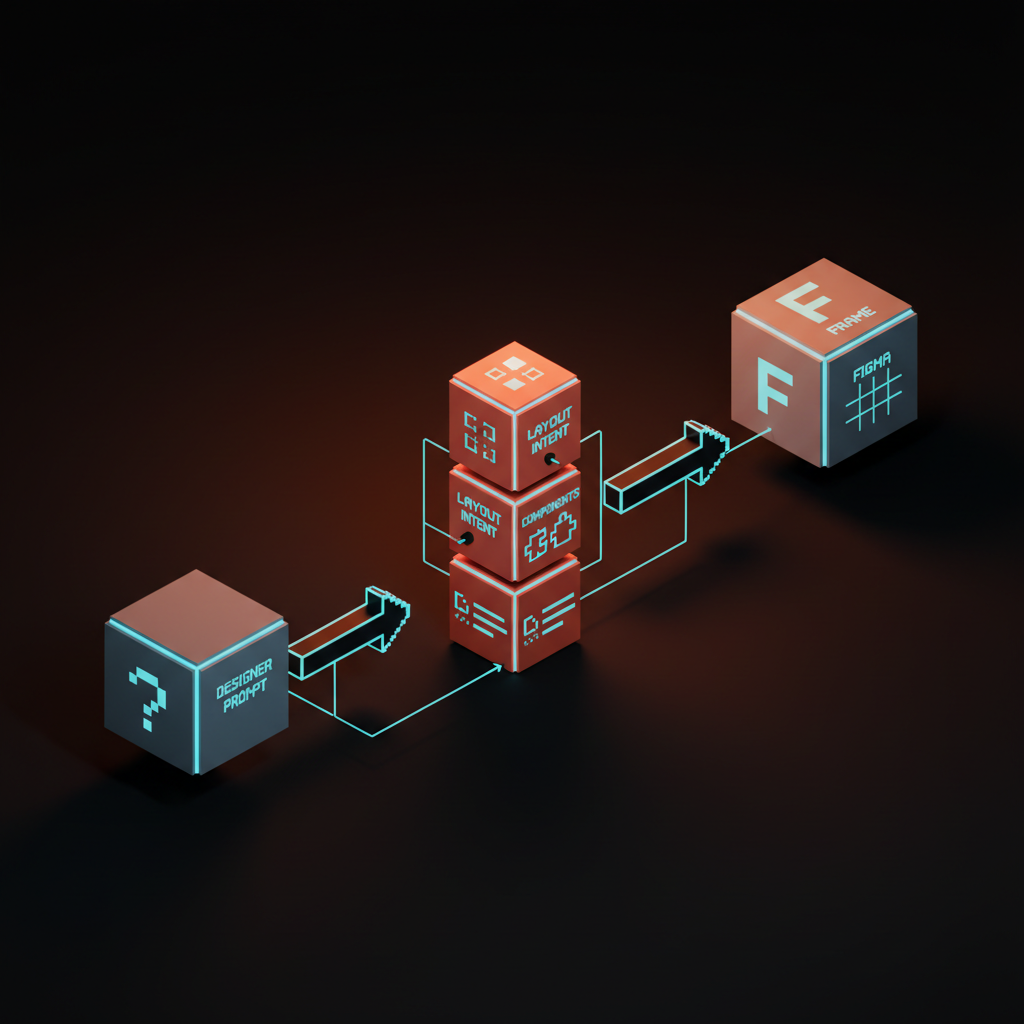 Voxel diagram of how a text prompt routes through layout, component, and content inference.