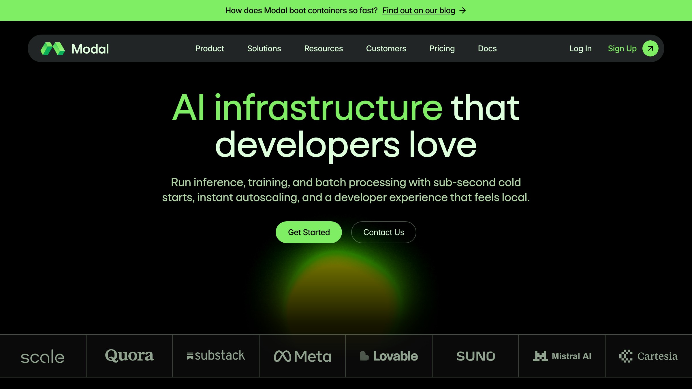 Modal's SaaS landing page showing dense information hierarchy across pricing, features, and social proof sections.