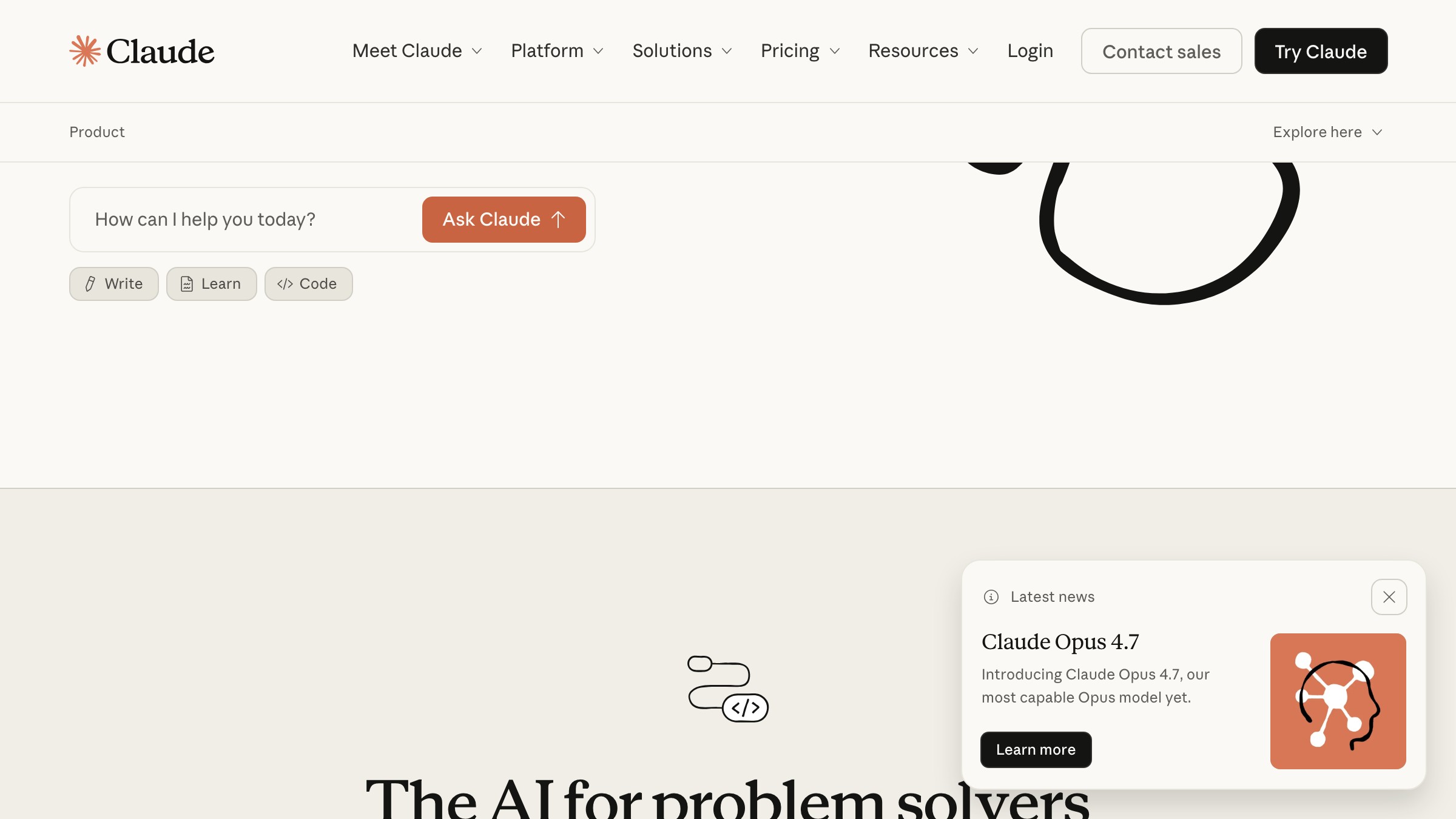 Anthropic's Claude product page, representing the copy and content scaffolding layer in a prompt-first design workflow.