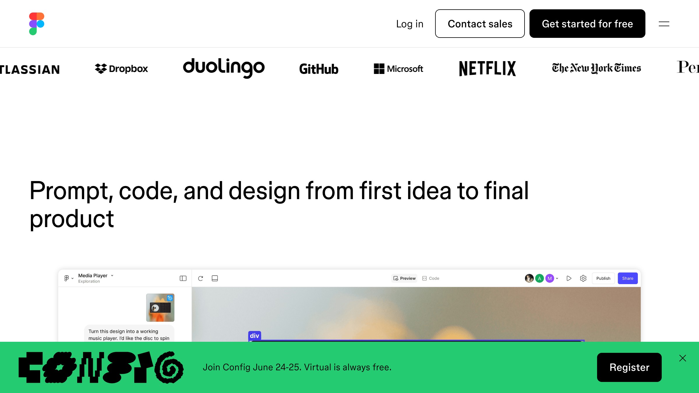 Figma's native AI panel inside the editor, placing generated frames directly on the canvas.