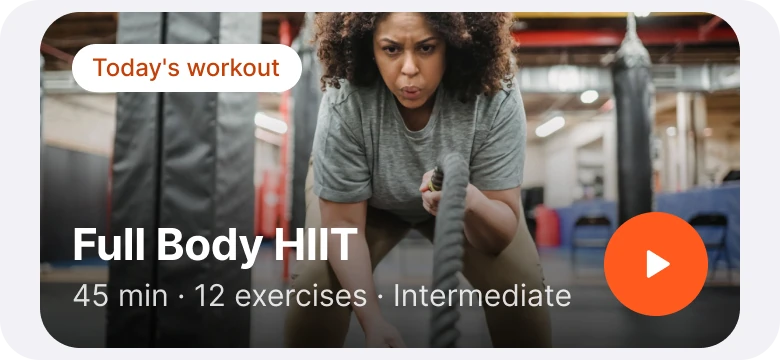 The same workout photo with a Today's workout chip, larger white text on a soft dark shade and one round orange play button