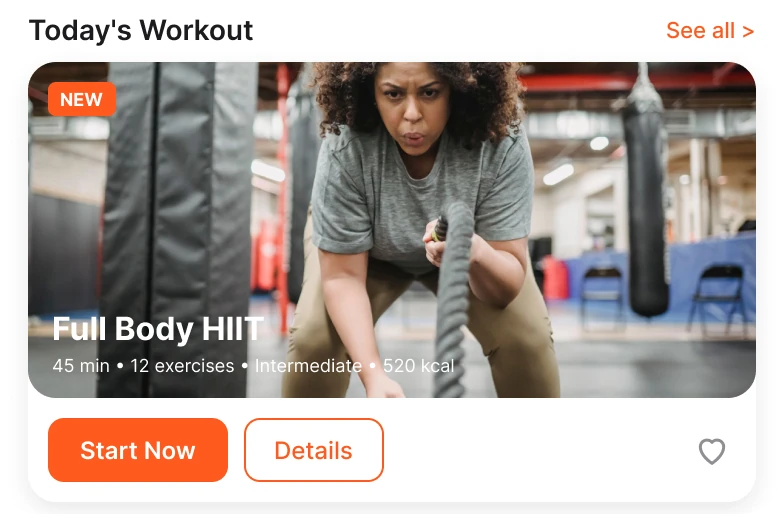 A workout photo with a NEW badge and small white text reading Full Body HIIT, 45 min, 12 exercises, Intermediate, 520 kcal, over a busy gym background, with Start Now and Details buttons and a heart below