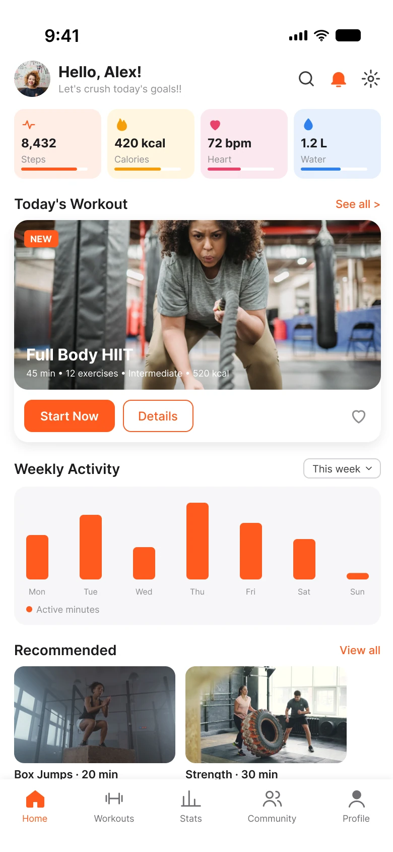 A fitness home screen with a header of avatar, search, bell and settings icons, four pastel stat tiles, a workout photo with small white text and two buttons, a plain orange bar chart and a row of recommended workouts