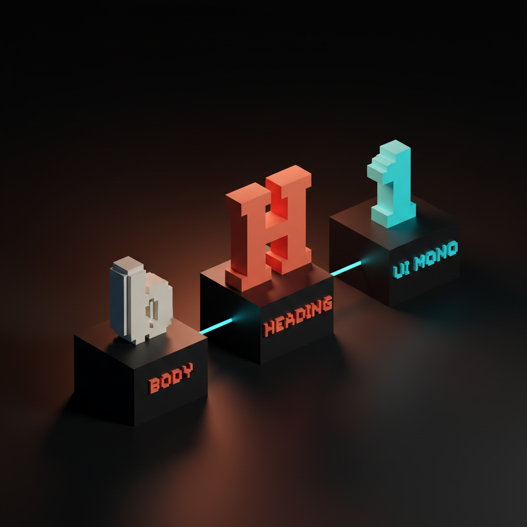 Voxel diagram showing one heading font, one body font, and one optional monospace UI font, each labeled with the role it owns