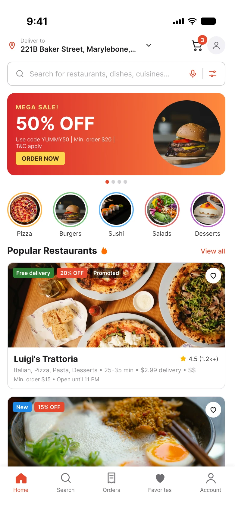 A busy food delivery home screen with a full street address, an orange sale banner with small print, colored rings around categories and three badges on a restaurant photo