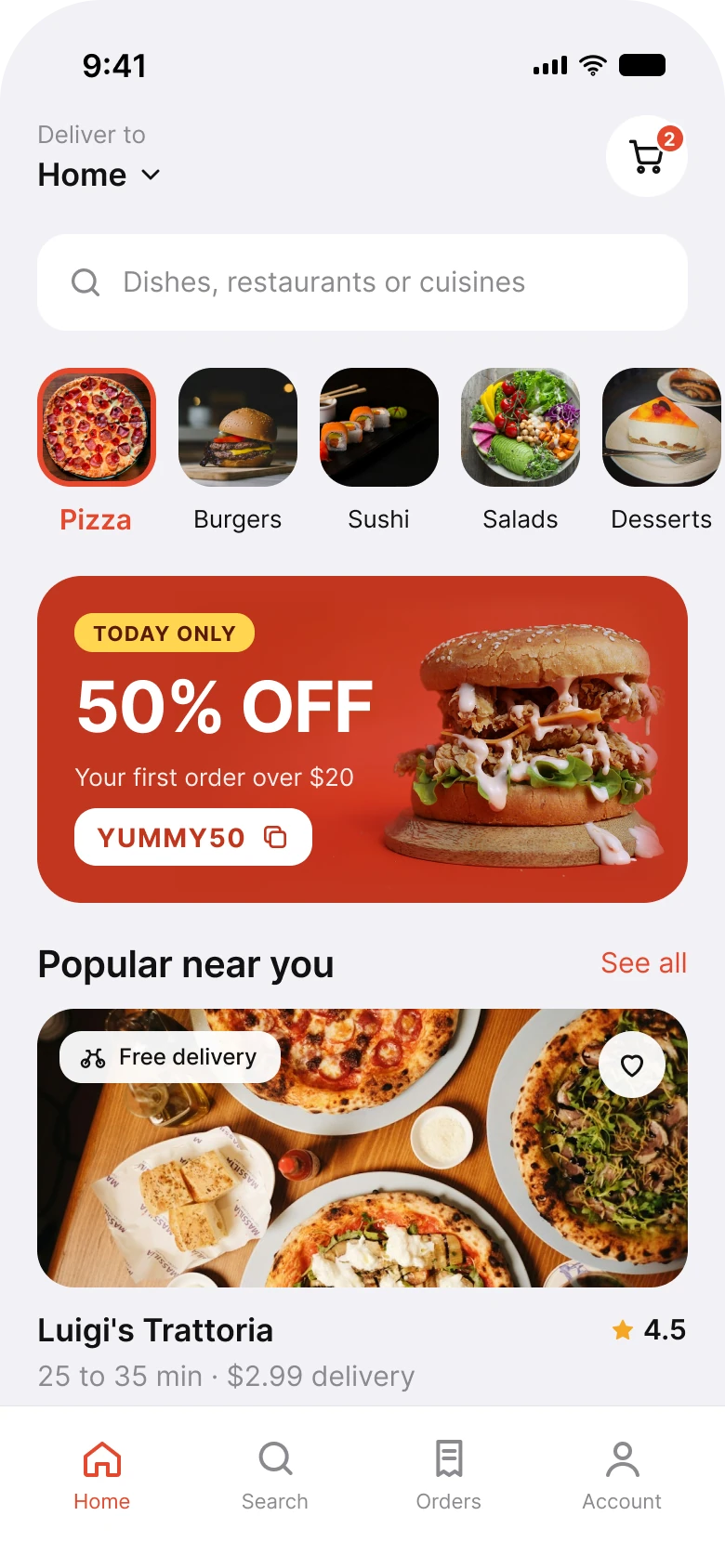 The same food delivery home screen fixed: Deliver to Home, square category tiles, one red promo card with a code, and a calm restaurant card