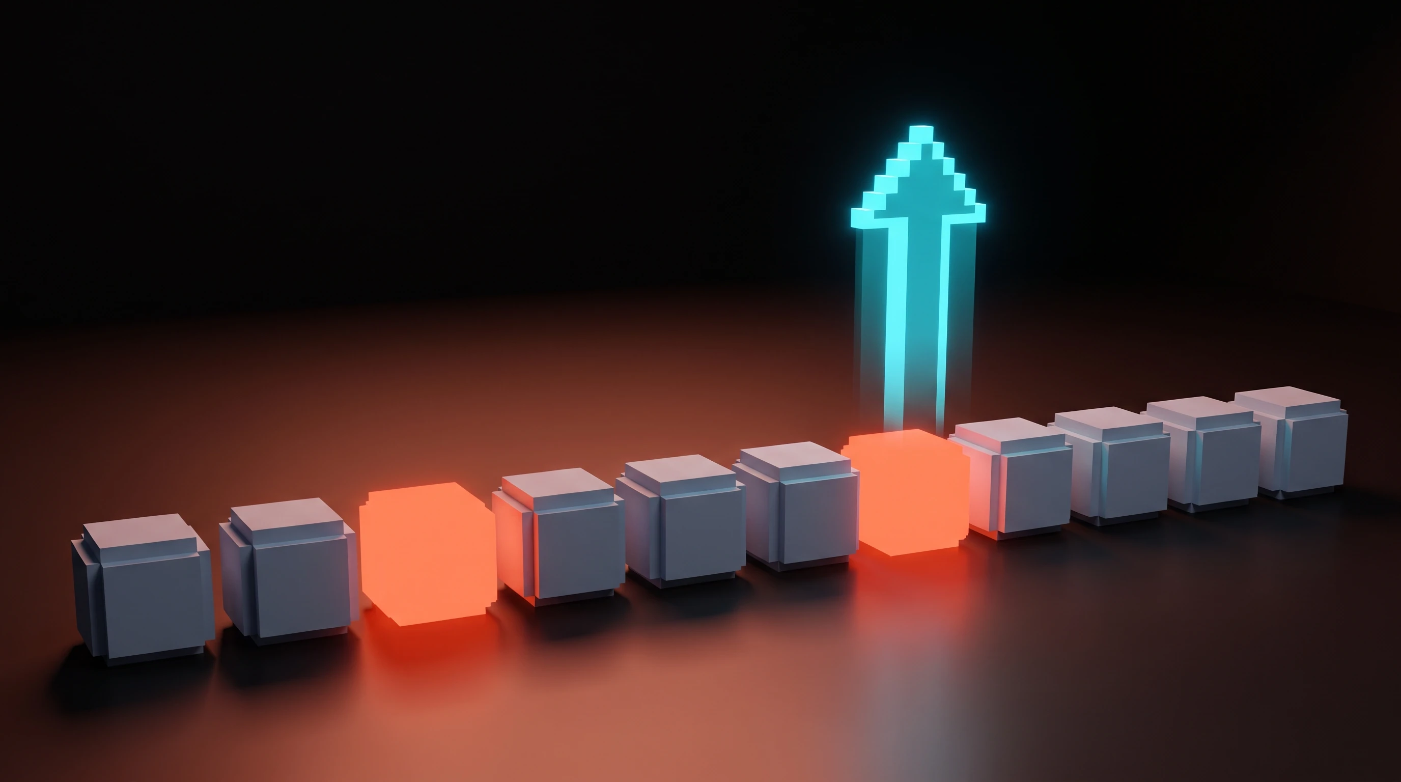 Voxel row of ten startup bets where most sit dim and worth zero and two glow bright, the winners that carry the whole portfolio.