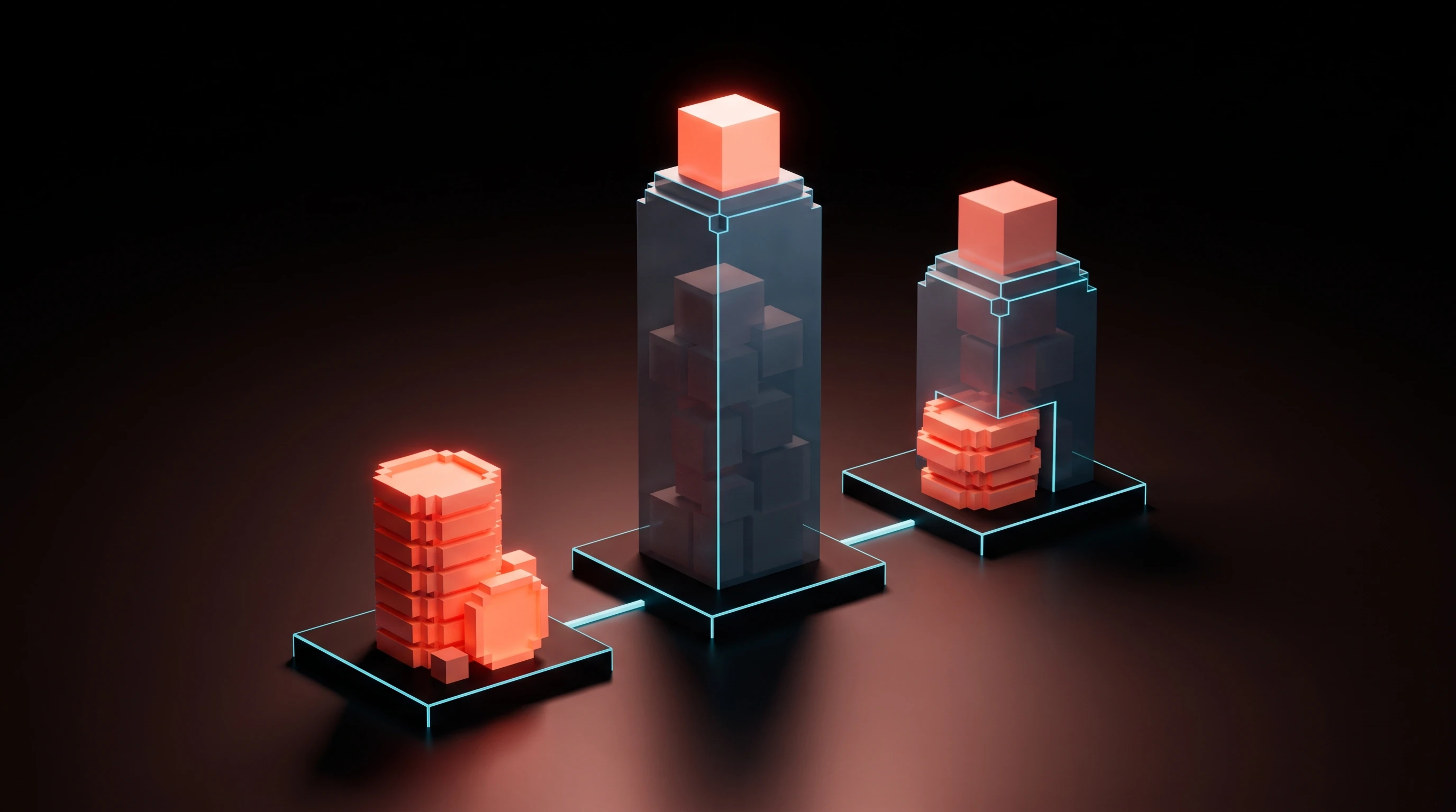 Voxel comparison of three fractional design deal structures: a cash-retainer coin stack, a tall equity tower with one bright block on top, and a hybrid of both.