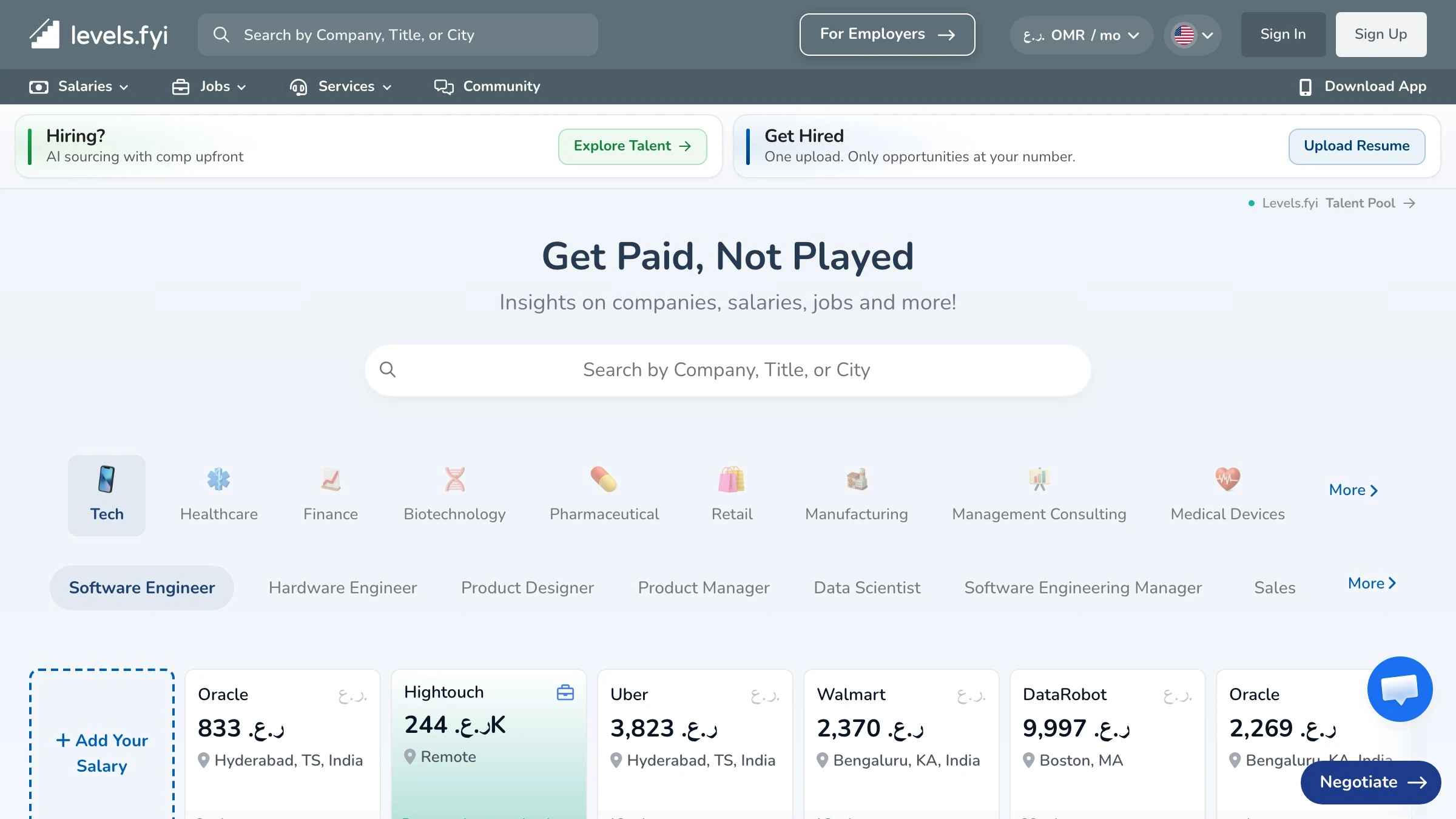 Levels.fyi homepage showing public compensation data, the reference point where hybrid design-and-build skills price at a premium.