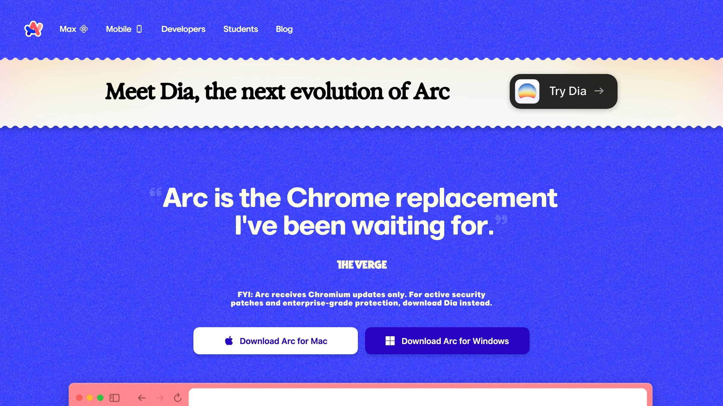 Arc's homepage with The Verge calling it the Chrome replacement, a design-first product that won early users on taste.
