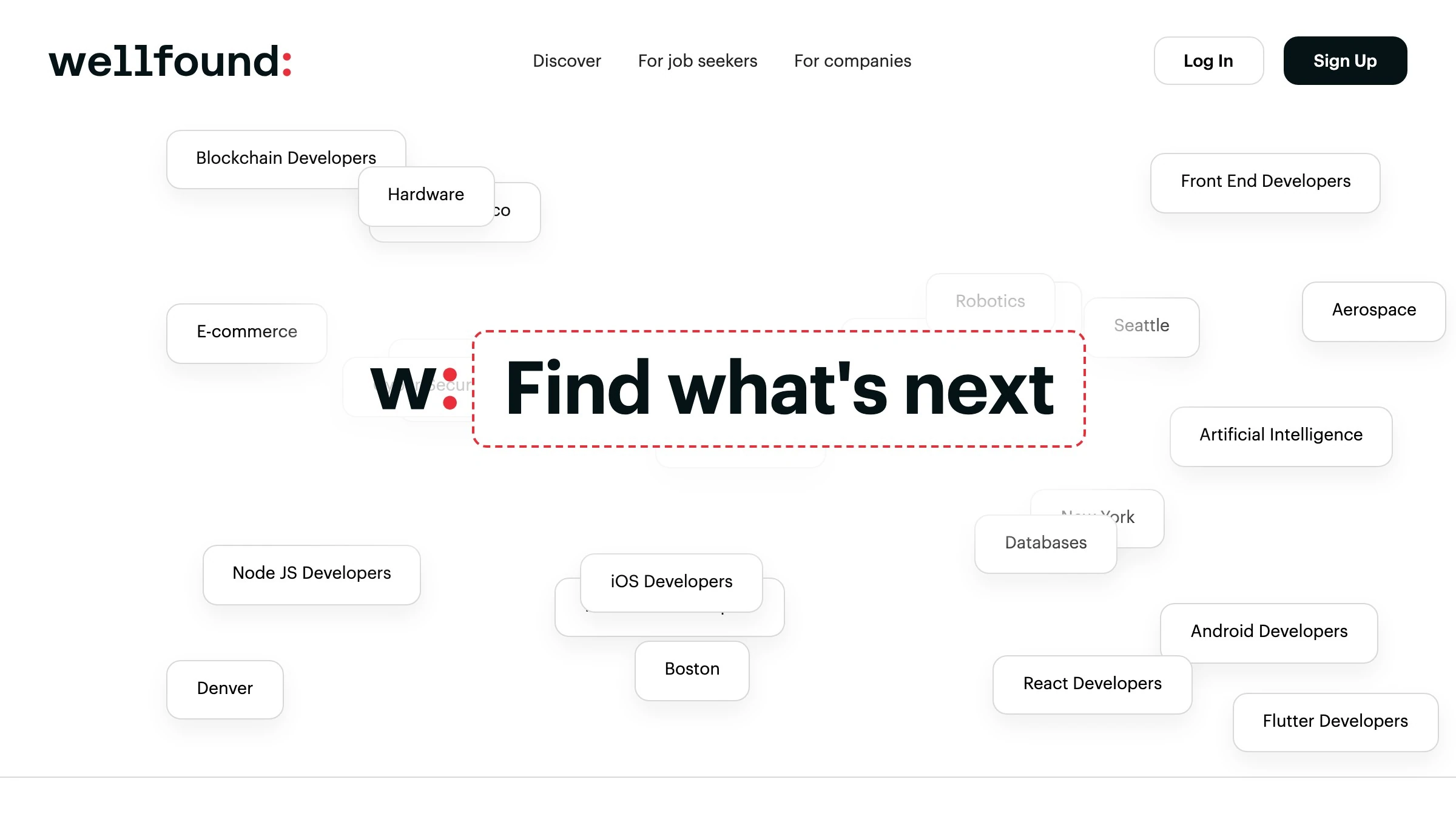 Wellfound's marketplace homepage, where startup roles list equity alongside cash so designers can source equity-quoted deals openly.