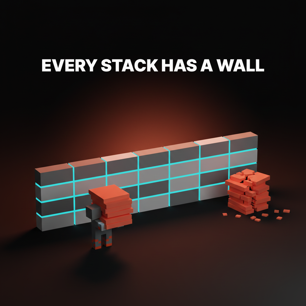 Voxel visualization of the migration wall each stack hits: Framer at CMS complexity around 50 pages, Webflow at the pricing cliff and custom logic ceiling, Next.js rarely hitting a hard wall and usually landing a refactor instead