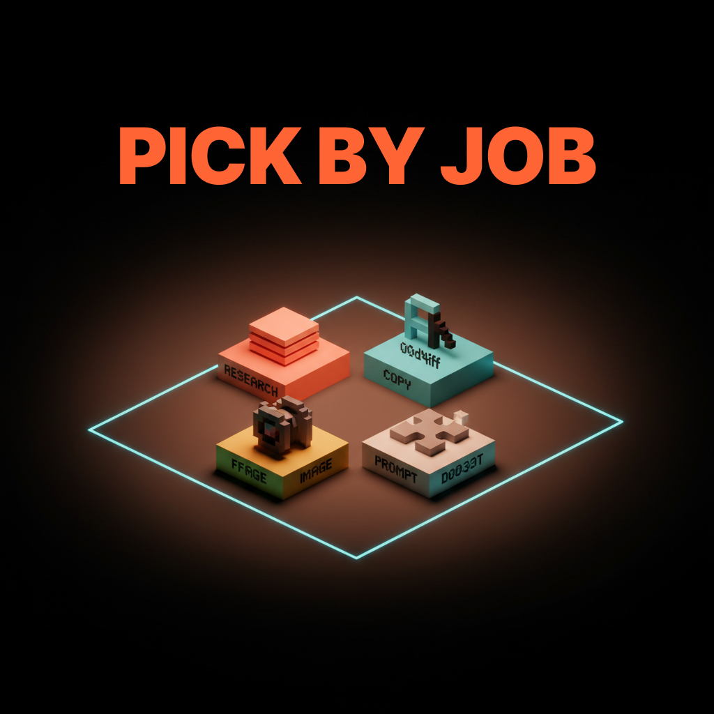 Voxel two-by-two grid of pedestals on the studio floor, single-word labels RESEARCH COPY IMAGE PROMPT, each pedestal carrying a small abstract glyph