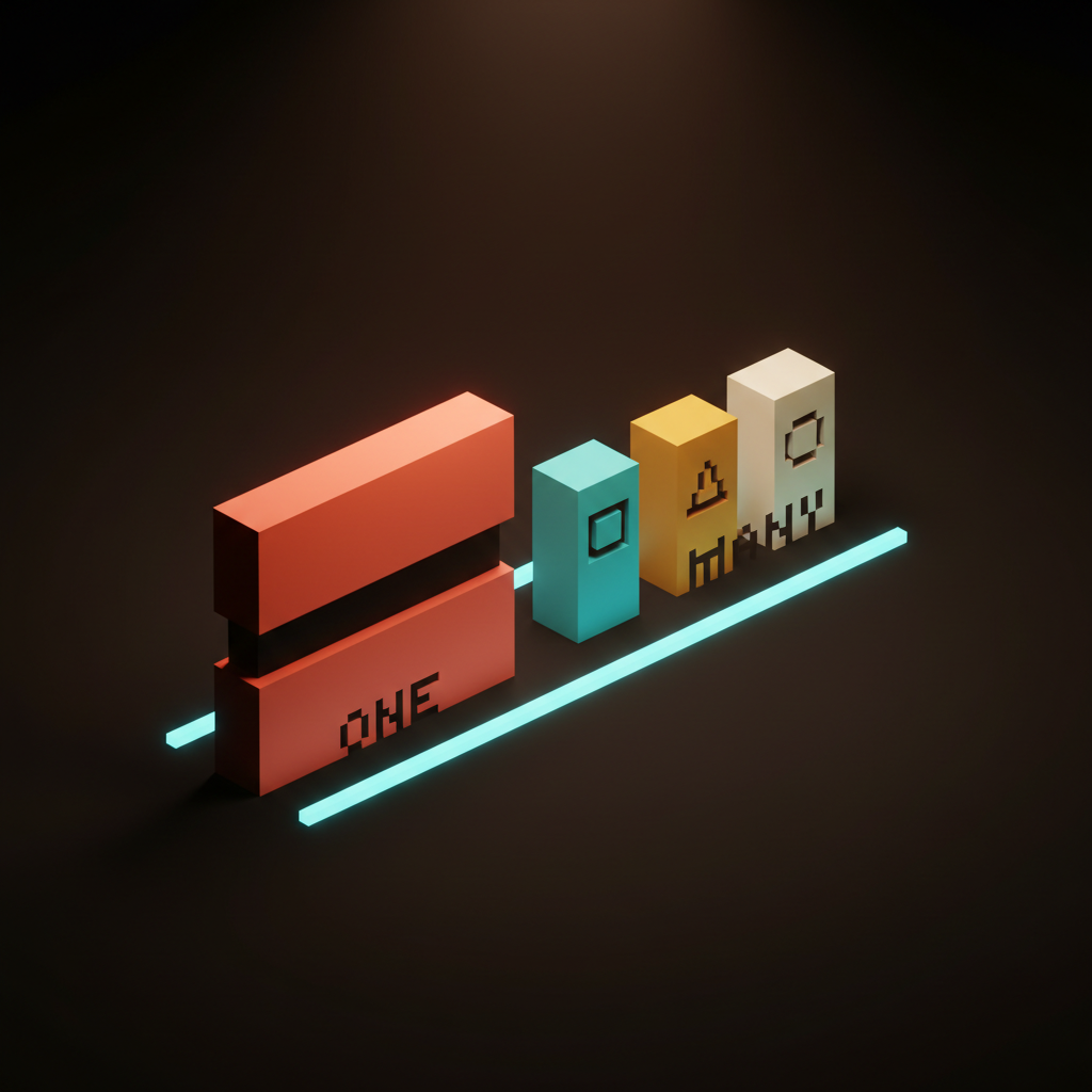 Voxel diagram of two surfaces side by side on the studio floor, the left a tall coral slab labeled ONE with a single broad band glyph and the right a row of three smaller slabs labeled MANY with different glyphs