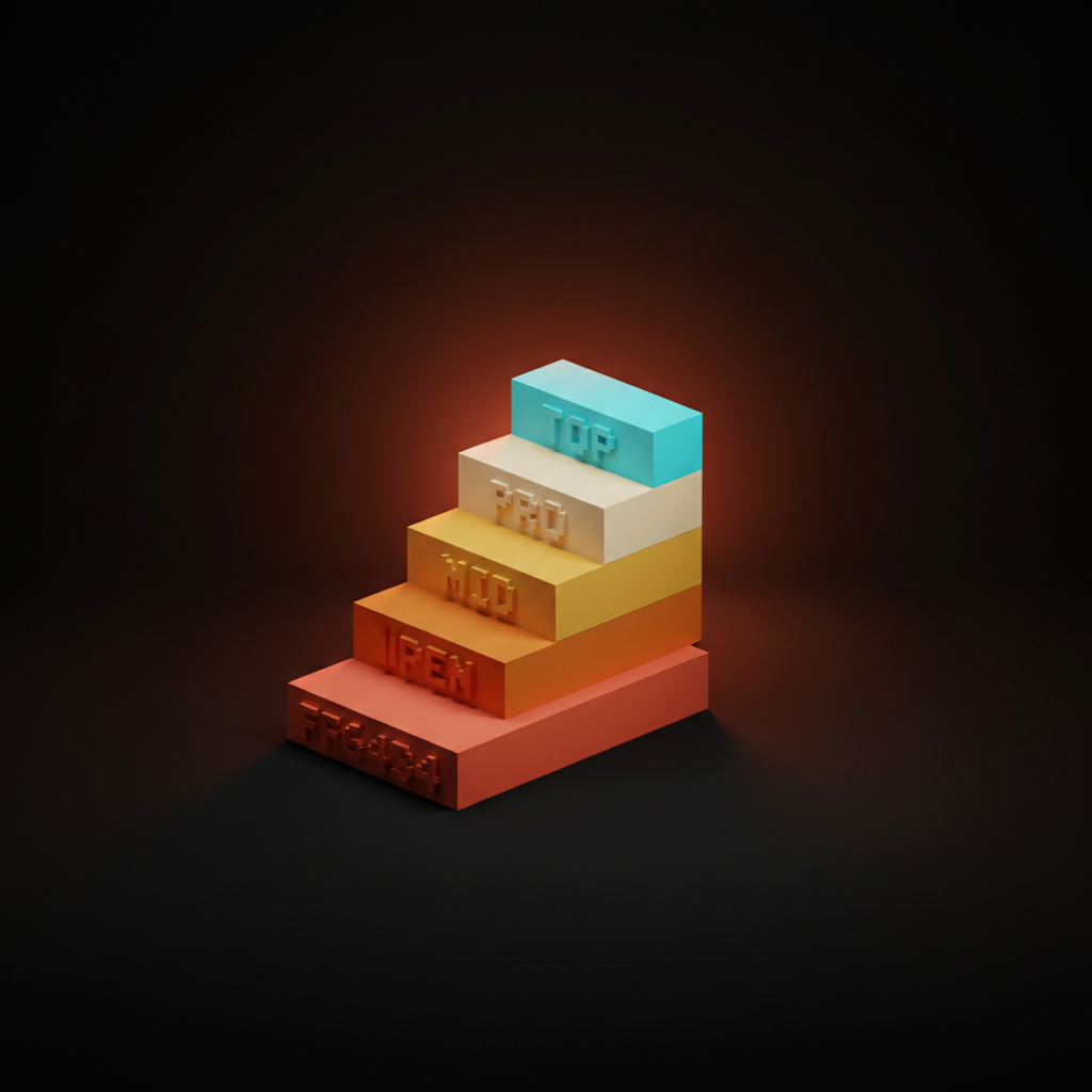 Voxel composition of four heavy stepped voxel tiers stacked vertically on the studio floor like a ladder, single-word labels reading OPEN MID PRO TOP from base to top
