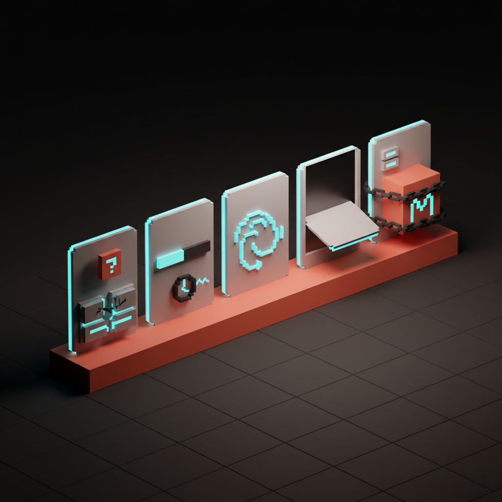 Voxel scene of broken generative UI with hallucinated and stuck states
