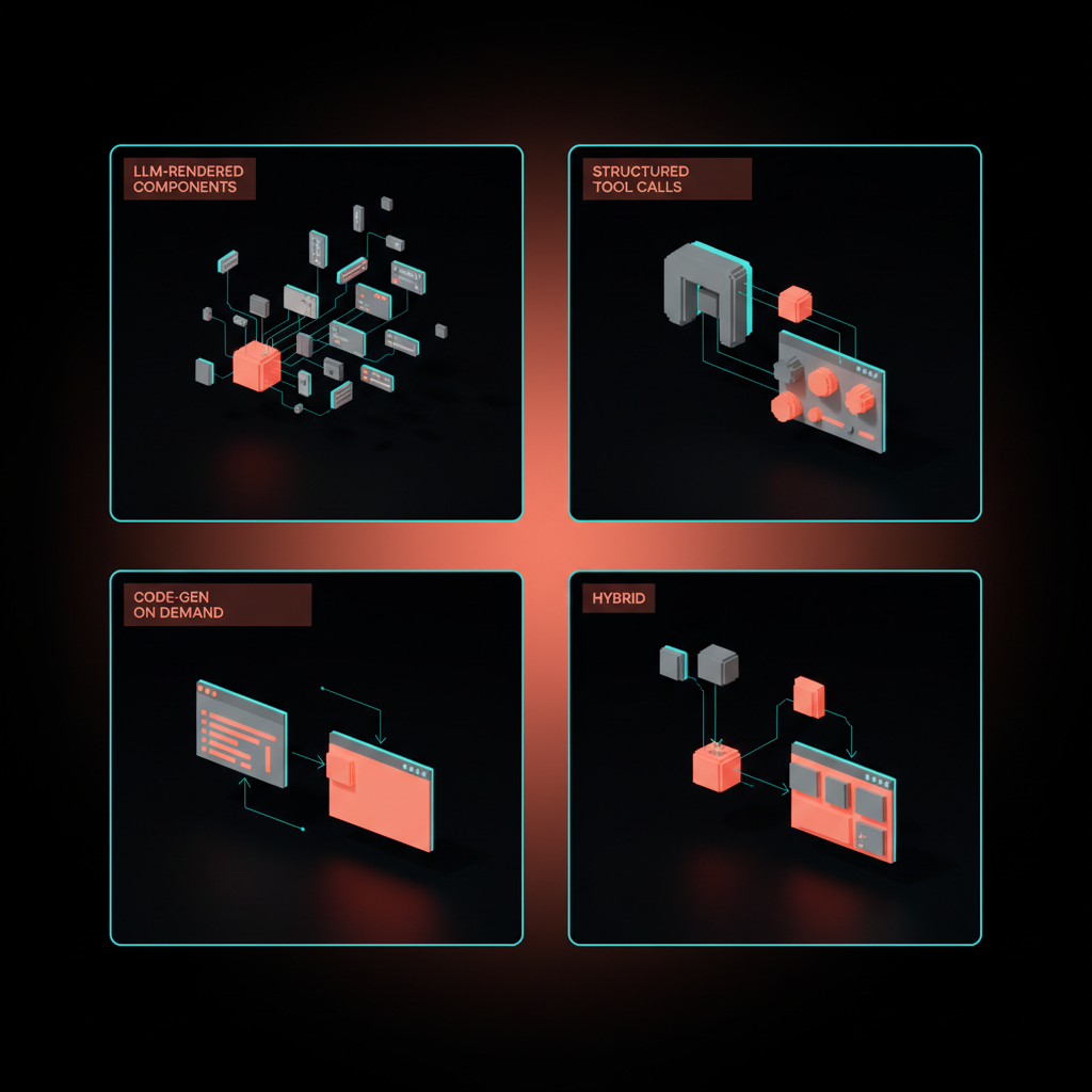 Four floating voxel panels showing the four generative UI architectures