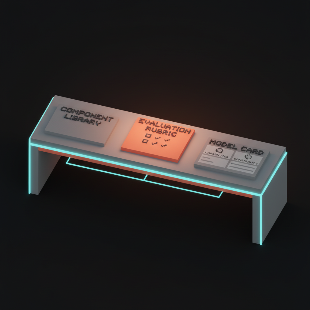 Voxel desk with component library, eval rubric, and model card