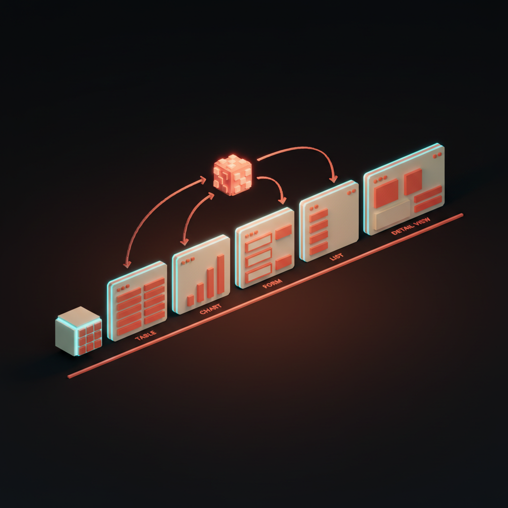 Voxel grid of UI primitives with arrows showing model selection