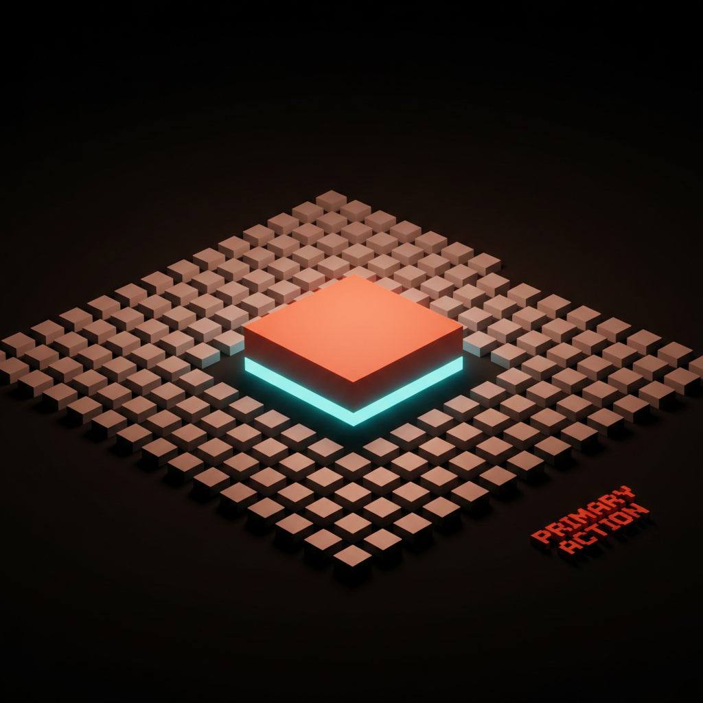 Voxel canvas of uniform gray cubes with a single coral cube glowing as the focal point
