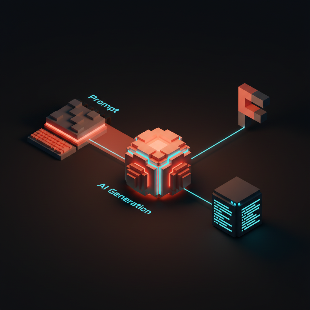 Voxel-Illustration eines strukturierten Prompts, der durch Stitch's Modell in ein responsives UI-Layout fließt.