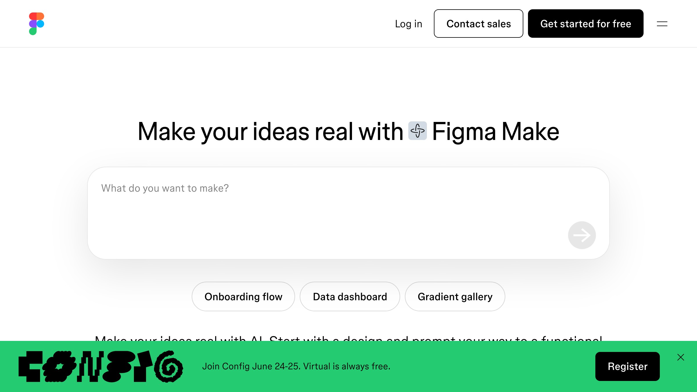 Figma-Make-Startseite mit Figmas nativem KI-Komponentengenerierungs-Tool, das im Design-Umfeld bleibt.
