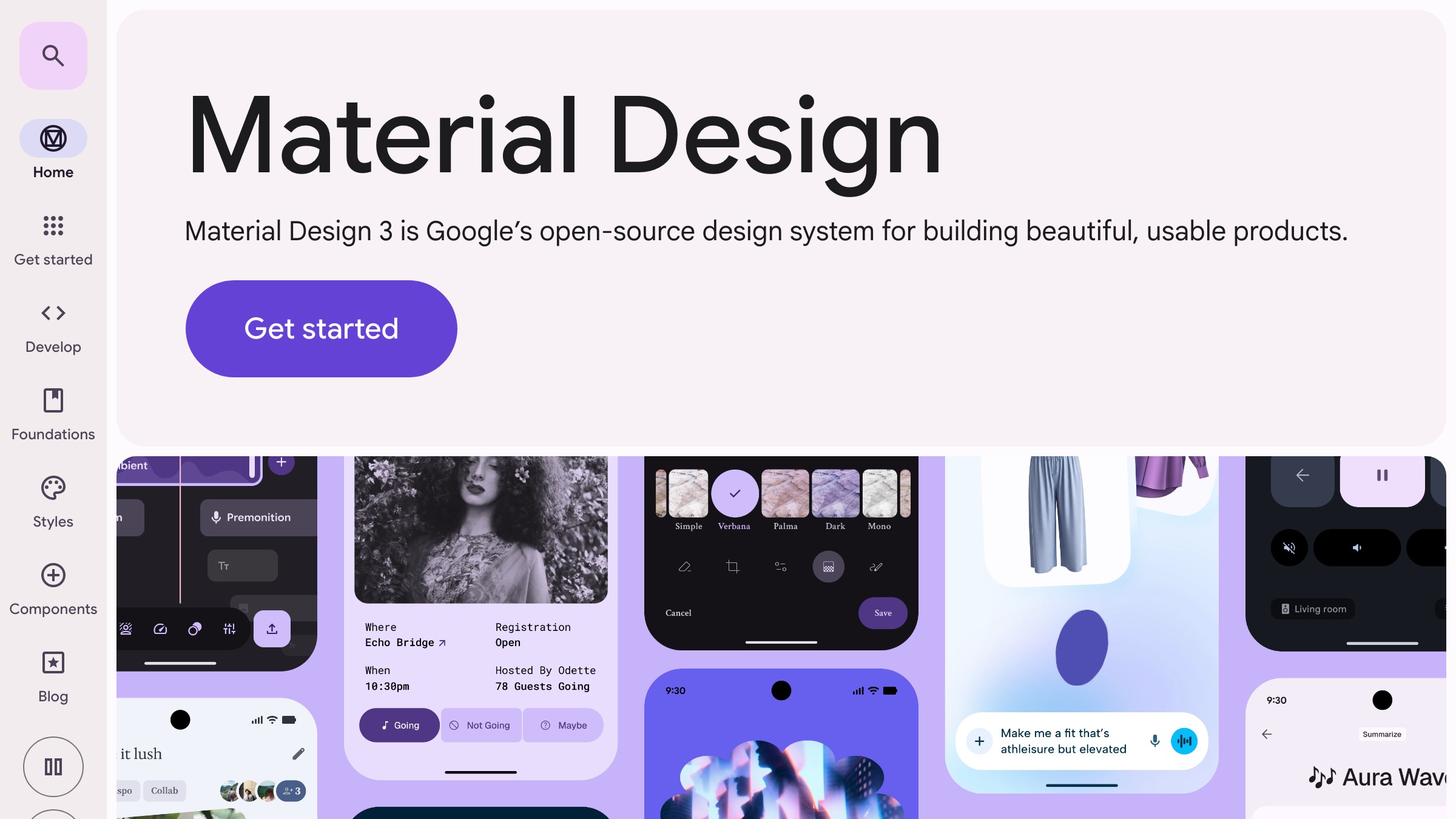 Dokumentationsseite des Material-3-Designsystems mit Googles Komponenten- und Token-Bibliothek.