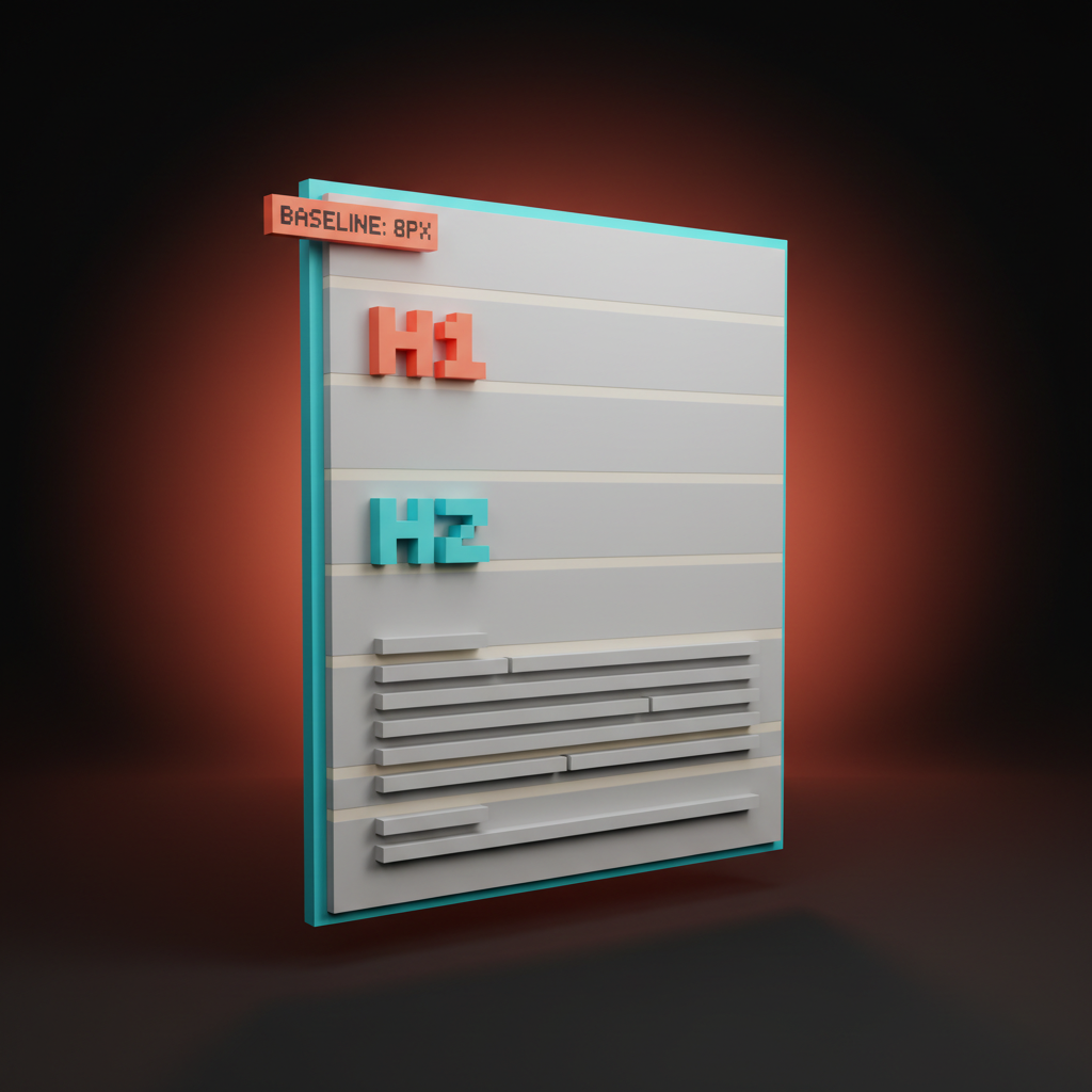 Voxel diagram of a tilted page with horizontal baseline rules and three text blocks snapping to them, labeled "Baseline: 8px"