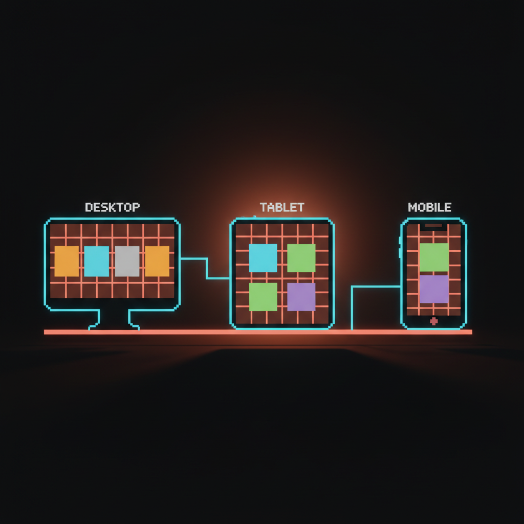 Voxel comparison of three device frames showing the same content reflowing through 12, 8, and 4 column grids