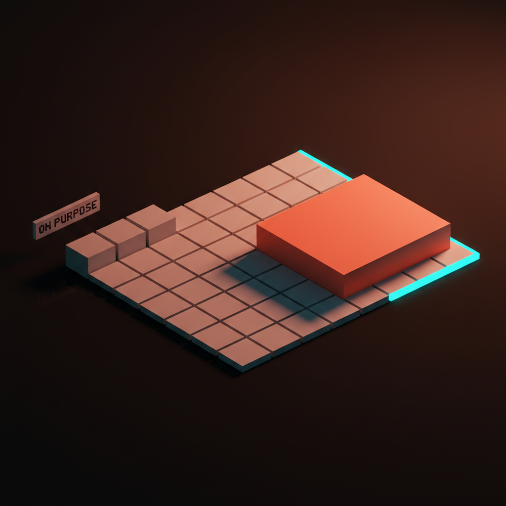 Voxel composition of a clean twelve-column grid with one oversized image block deliberately breaking the right margin, labeled "On purpose"