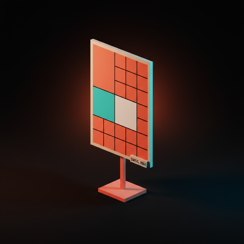 Voxel diagram of a Swiss-style modular poster on a coral pedestal labeled "Swiss, 1961"