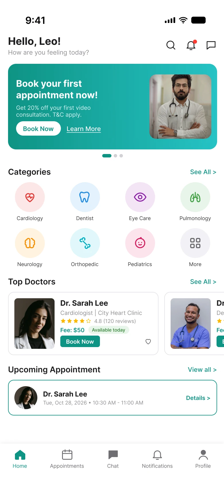 A doctor app home screen with a greeting, three header icons, a large teal discount banner, eight multicolored specialty circles, a doctor card with a Book Now button, a small upcoming appointment strip and five tabs