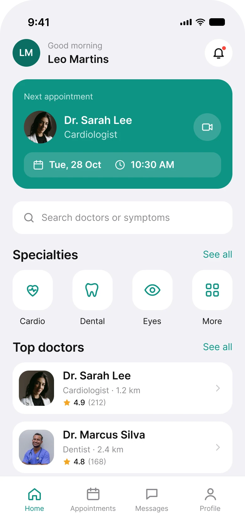 The same doctor app home screen fixed: an avatar and a bell, a teal Next appointment card with a video call button, one search field, four specialty tiles and two doctor rows with four tabs