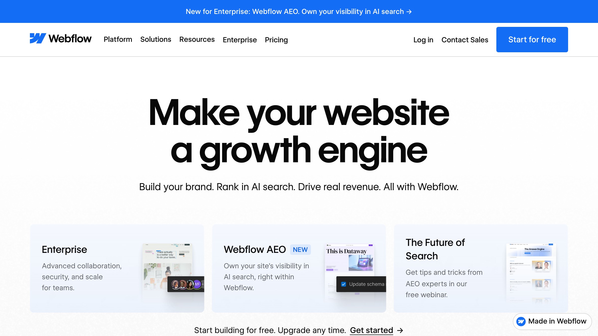 Webflow homepage with an interactive canvas demo above the fold.