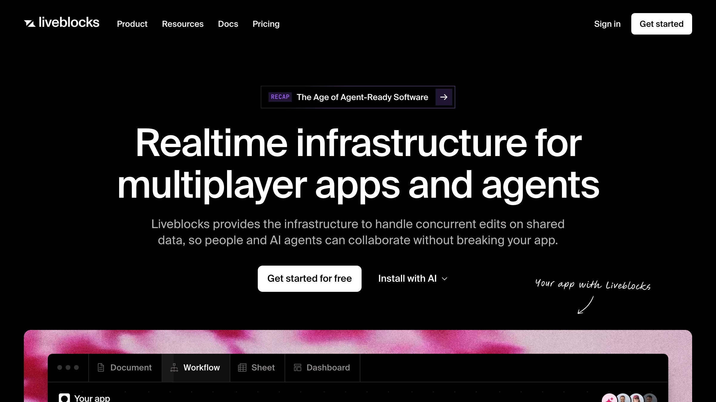 Liveblocks homepage with a live collaborative demo of cursors and presence indicators.